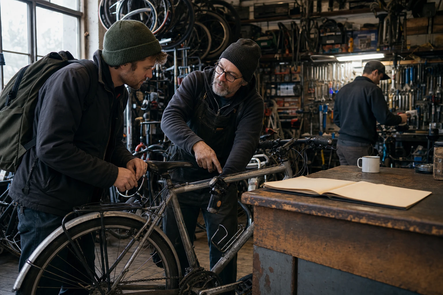 Bicycle technician helping a returning customer with a familiar repair