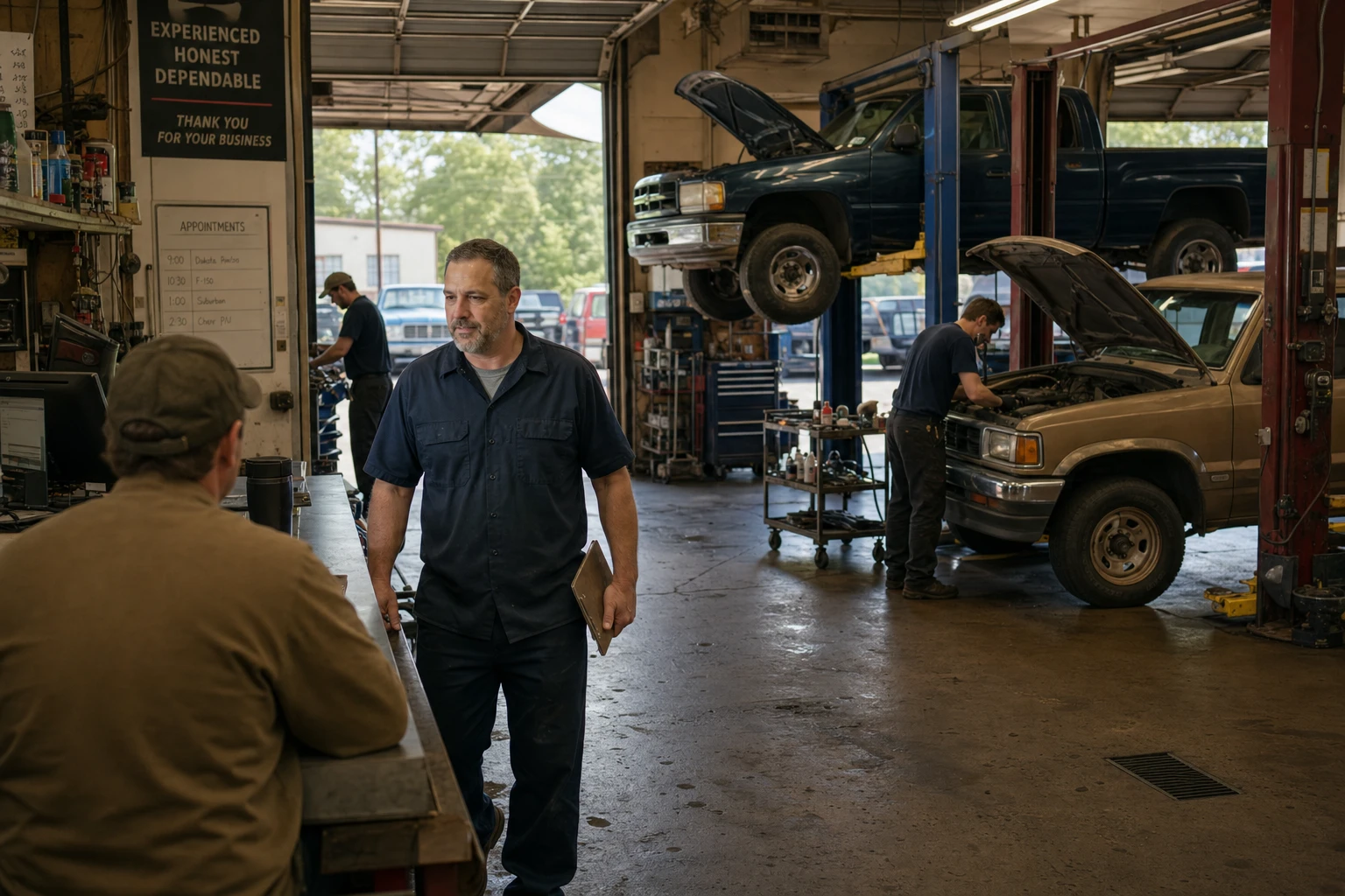 Owner moving customer work through a busy independent auto repair shop
