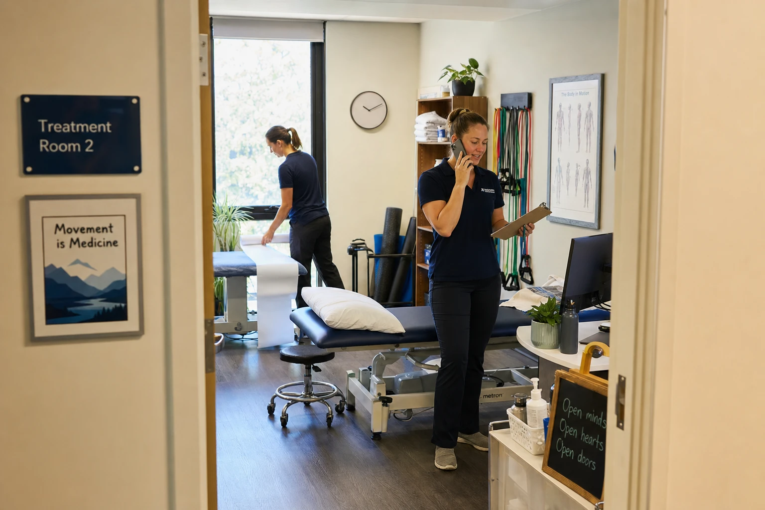 Clinic team calling a waitlist while resetting an open appointment room